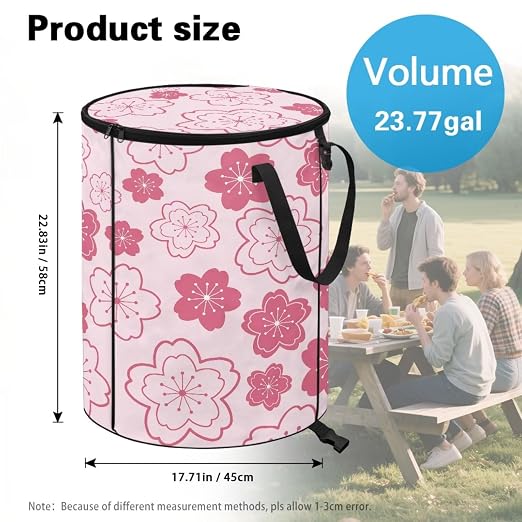 BIGCARJOB Cherry Blossoms Print Portable Trash Can Large Folding Big Trash Can with Lid Storage Bag Pop Up Trash Cans for Parties, 22.83x17.71 in