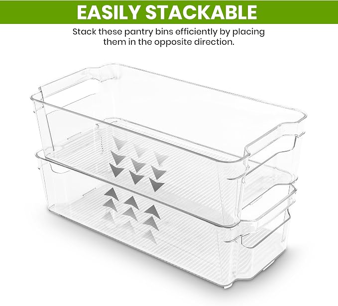 Utopia Home Plastic Stackable Storage Bins for Fridge, 8 Pack, Clear | Durable Plastic Storage Containers with Easy Grip Handles for Pantry, Kitchen Cabinets & Countertops