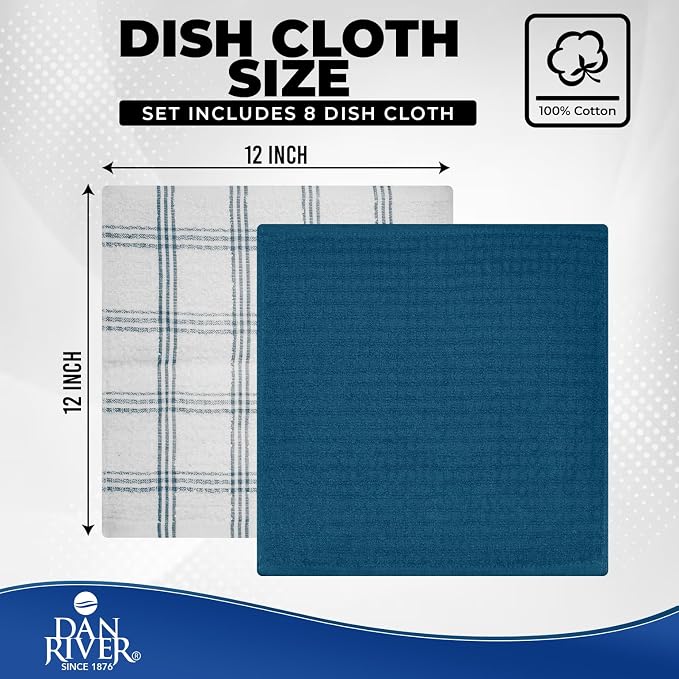 DAN RIVER Premium Dish Cloth 100% Cotton 12X12 Inches Pack of 8-Blue Opal | Terry Kitchen Towels Ultra Soft Tea Towels-Highly Absorbent Kitchen Rags-Terry Dishcloth for Kitchen and Household Cleaning