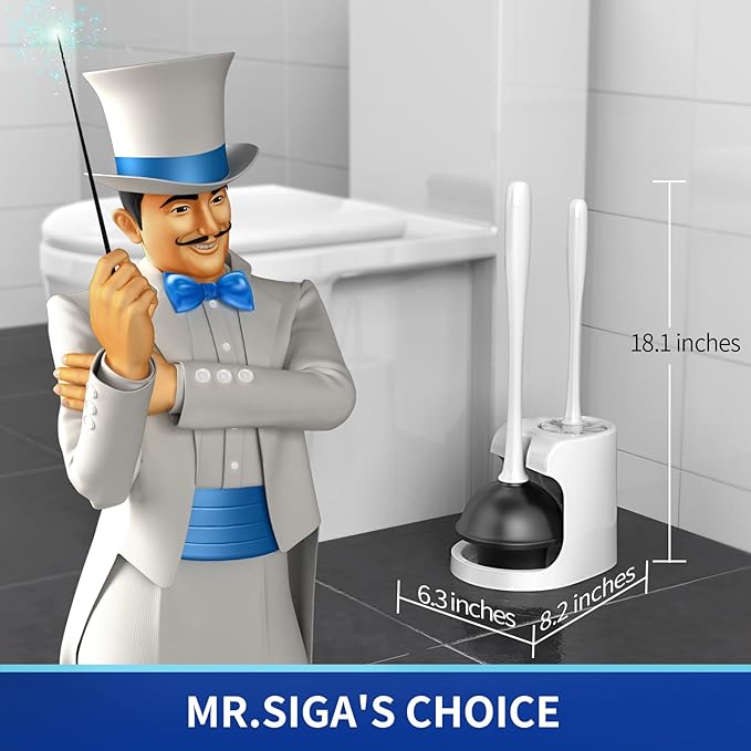 MR.SIGA Toilet Plunger and Brush Combo for Toilet Cleaning, White, 2 Set | Heavy duty toilet brush and plunger set, toilet bowl brush and plunger with holder