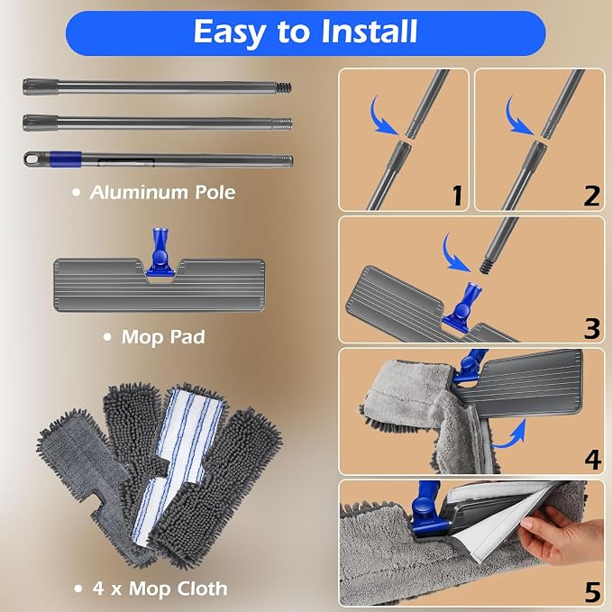 Dust Mop for Hardwood Floors,Double-Sided Flat Mops with 4 Mop Pads | Microfiber Mops for Floor Cleaning with Stainless Steel Handle for Hardwood, Vinyl, Laminate, Tile