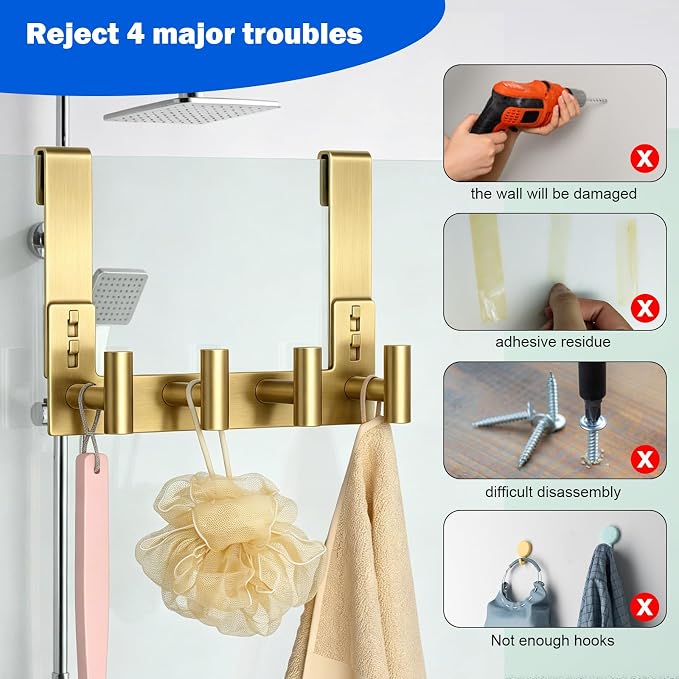 PMMASTO No-Drill Extra Long Shower Hooks, Fits 3/8" Thick Door, Heavy Duty Stainless Steel Towel Hooks for Frameless Glass Shower Door, Holds Bathrobe Towel (Gold, 4 T-Hooks)