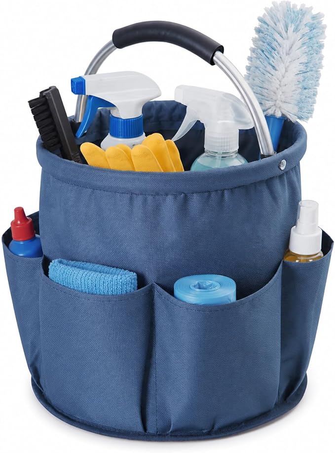 Cleaning Caddy with Handle, Large Supply Organiser 17L with 6 Pockets, Cleaning Products Organiser, Foldable Storage Basket, Portable Cleaning Caddy for Home (Blue)