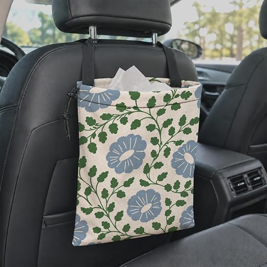 Blue Floral Car Garbage Bag Canvas Trash Can | Cottagecore Rustic Flower Drawstring Car Trash Bag Hanging for Back Seat with Adjustable Buckle