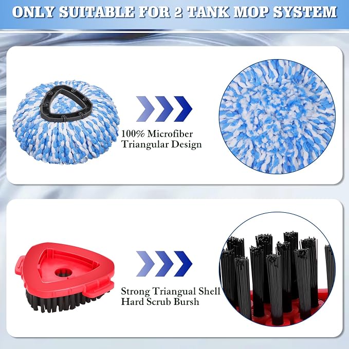 Spin Mop Refills Compatible with OCedar RinseClean 2-Tank System - 6-Piece Set Includes 4 Washable Microfiber Replacement Heads, 1 Base & 1 Small Gray Full Cleaning Brush - Floor Cleaning Accessories