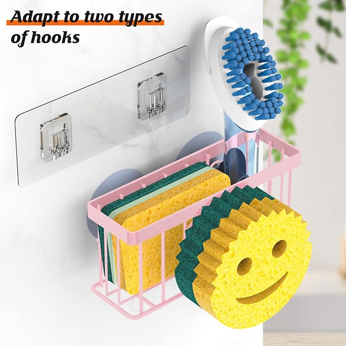 MURLONG Sponge Holder Smiley Face,Sink Caddy,Sink Organizer with 2 Suction Cups/1 Adhesive Strips,Designed for Sponge,Soap,Dish Brush,Scrubber - Pink