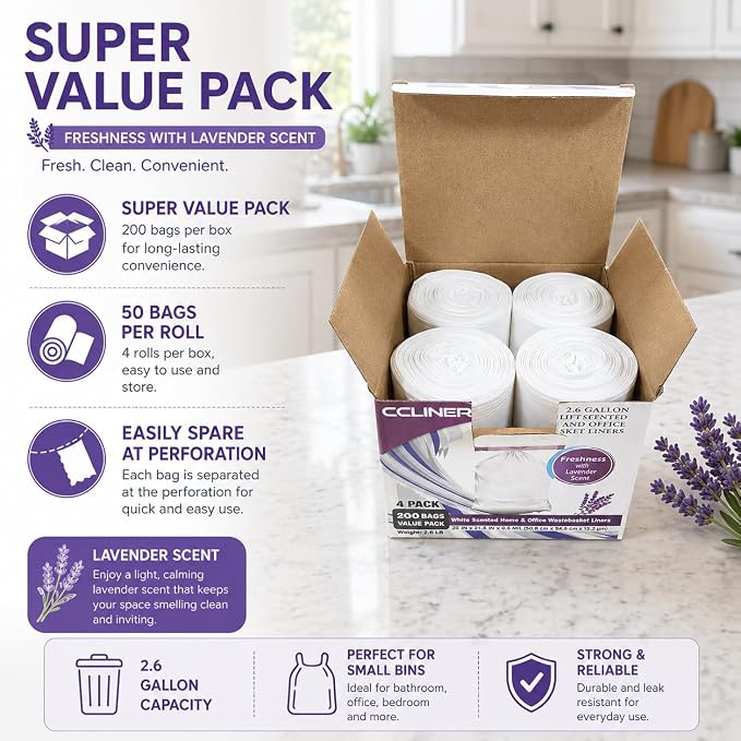 2.6 Gallon Lavender Scented Trash Bags (200 Count) White 2 Gallon Trash Bags Small Bathroom Wastebasket Bags Can Liners for Home Office Bins, 200 Bags