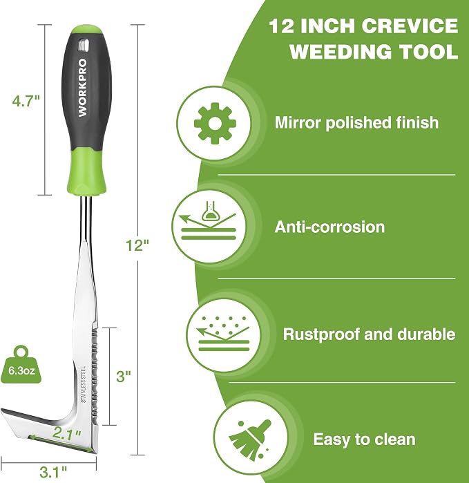 WORKPRO Crack Weeder, 12" Stainless Steel Crevice Weeding Tool | Soft Handle, L-Shaped Side-Walk Weed Puller Spatula, For Garden Lawn Yard Patio Terrace Paving Moss Garden Tool