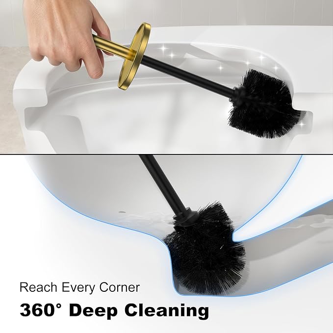 Metal Vertical Grain Toilet Bowl Brush and Holder Set Scrubber Warm Gold | Extra Long Handle with Splash Guard Cover, Bathroom Space-Saving, Heavy Durable Deep Cleaning, Cleaner Sets for Apartments