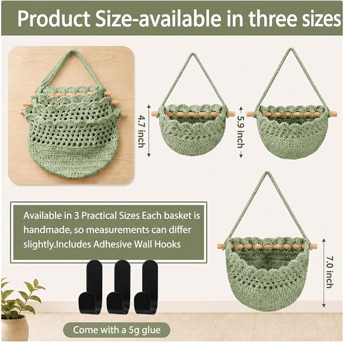3 Hanging Baskets,Sage Green,Lace,Cotton Rope | Wicker Wall Baskets with Hooks for Fruit Vegetable Onion Storage, Teardrop Organizer for Kitchen, Boho Farmhouse Decor