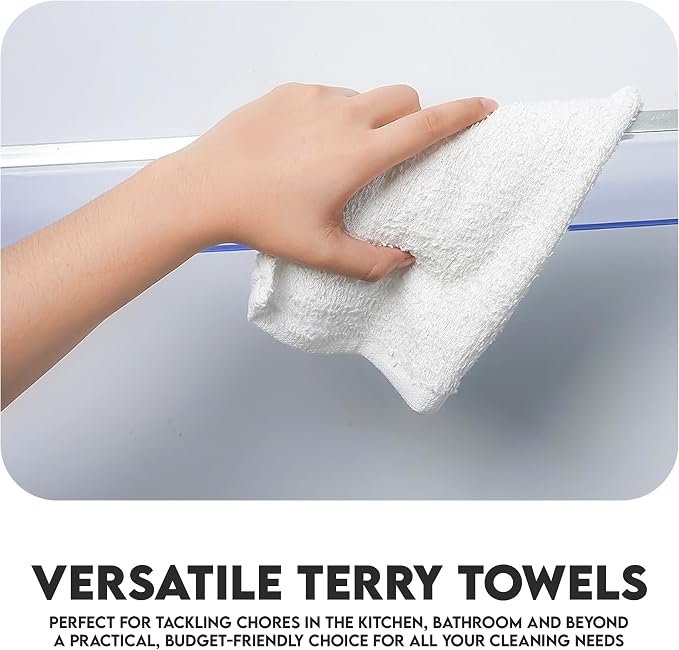 Terry Bar Mop Towels - 60 Pack (14"x17") White Cotton Terry Cloths, Super Absorbent Cleaning Rags, Reusable Bar Mop Towels for Kitchen, Garage, Salon, Spa & Commercial Use