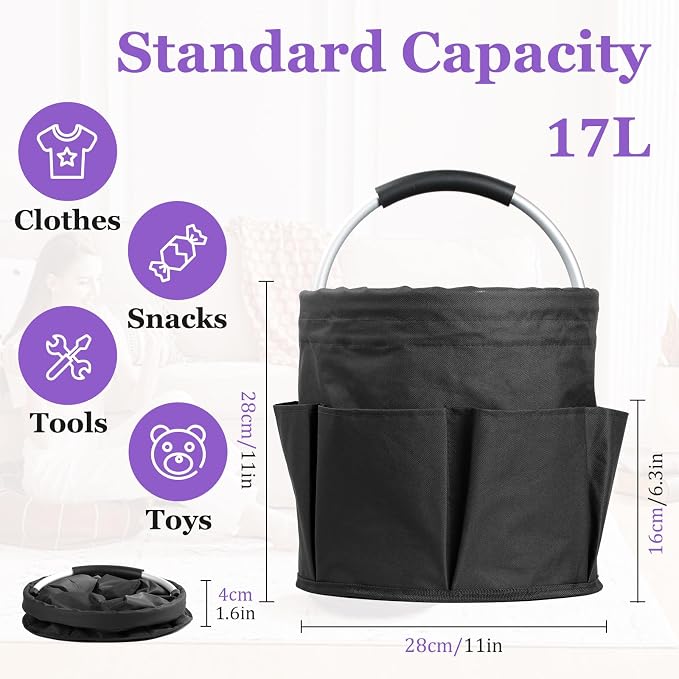 17L Cleaning Caddy with Handle and 6 Pockets, Foldable Cleaning Supply Caddy, Portable Shower Caddy in 600D Oxford Fabric, Multifunctional Storage Basket for Camping, Gardening, Black