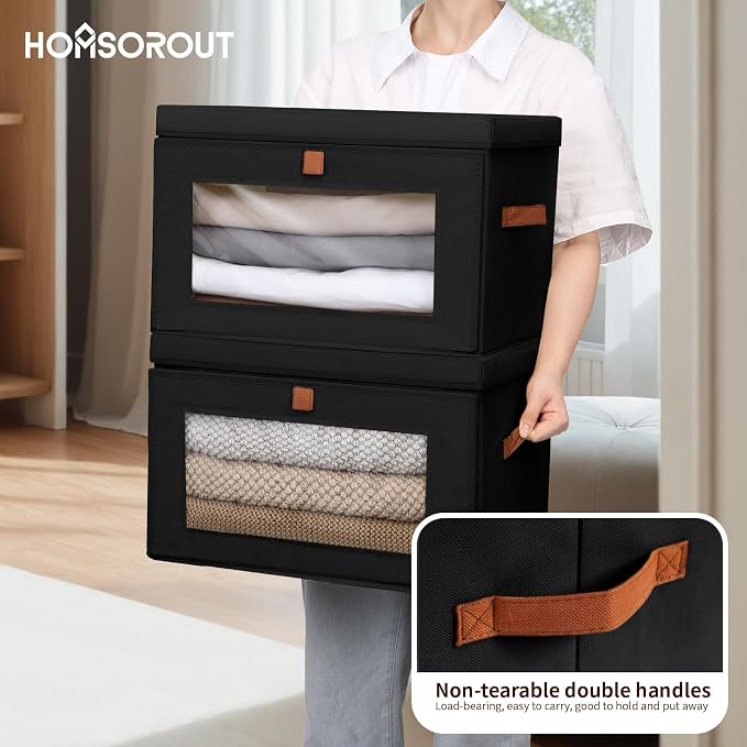 Homsorout Large Closet Storage Bins - Collapsible Clothes Organizer with Handles & Window, Decorative Boxes with Lids, Linen Closet Organizers for Living Room, Dorm, 5 Pack, Black