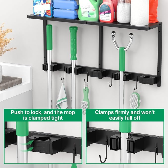 CCCEI Broom and Mop Wall Mount with Shelf, Laundry Room Cleaning Tools Organization Hanging Rack with Hooks, Bathroom, Garage, Garden Organizers and Storage. All Metal, Black, 1 Pack.
