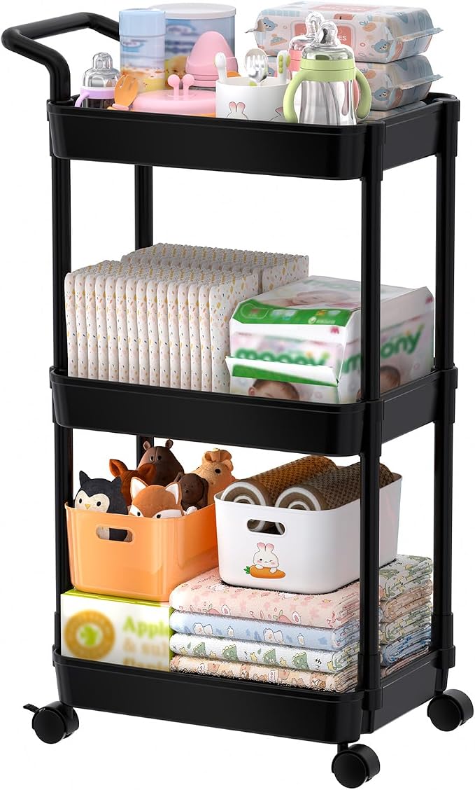 Volnamal Diaper Caddy, 3 Tier Rolling Cart for Baby Essentials, Black | Movable & Easy Assemble Cart for Newborn Nursery Essentials, Diaper Storage Organizer for Changing Table&Crib, Baby Registry