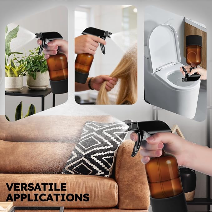 Tecohouse 360° 16 oz Clear Glass Spray Bottles with Silicone Sleeve 2 Pack | 360° All-Angle Spray, Non‑slip Silicone Protective Covers, for Cleaning Solutions, Plants, Hair Care (Black & Brown)