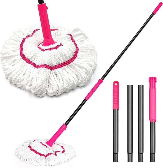 NEWE Self Wringing Twist Mop for Floor Cleaning, Upgraded 18-inch Wide Microfiber Mops, 55 Inches Long Handle Wet Dry Kitchen Easy Squeeze String Mop for Wood, Hardwood, Tile, Marble (Red)