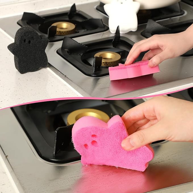 Tioncy 12 Pack Halloween Ghost Kitchen Sponges, Black, White, Pink | Dual Sided Scrubber, Gothic Halloween Decor, Reusable Non Scratch Dishwashing, for Cookware Pot Boiler Pan Household