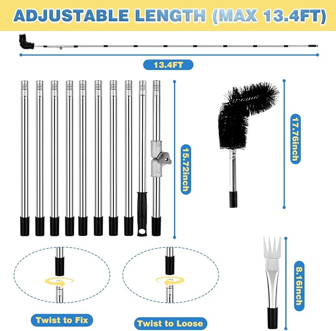 13FT Gutter Cleaning Tool from The Ground No Ladder Needed | Adjustable Length Gutter Cleaner Pole with 180° Pivoting Head, Replaceable Brush & Shovel for Leaves, Debris