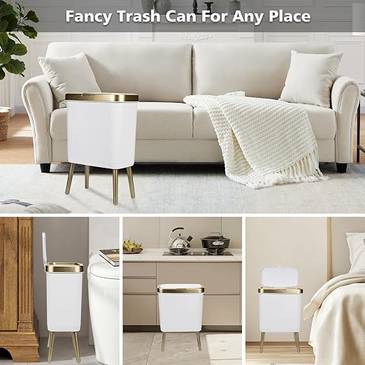 Bathroom Trash Can with Lid, 4 Gallon Modern Garbage Can with Removable Legs, Plastic Garbage Bin, Slim White and Gold Trashcans for Bedroom, Living Room, Office, Kitchen