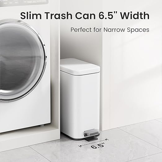Cesun 2.6 Gallons Small Bathroom Trash Can with Lid Soft Close, White | Removable Inner Bucket, Small Stainless Steel Garbage Can for Bedroom/Office, Hands-Free Step Pedal, Fingerprint-Resistant