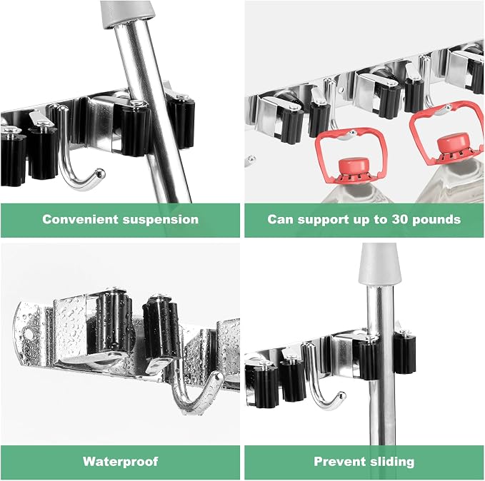 5 Pack Broom Holder Wall Mount, 5 Racks 4 Hooks, Stainless Steel | Anti Slip Storage Rack, Strong Load Bearing, Waterproof, Mop Organizer, For Bathroom Kitchen Garage