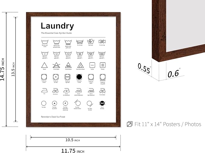 Poster Master 2-Piece Essential Guide for Laundry Print - Stain Removal Poster - Infographic Art - Black & White Design - Symbols & Instructions Art - Laundry Room Decor - 11x14 Brown Framed
