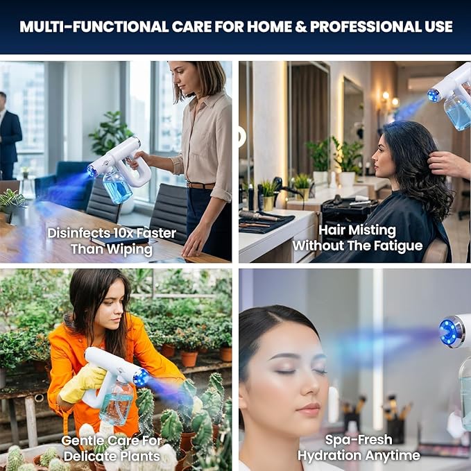 Nano Spray Gun, Cordless Atomizer Sprayer and Fogger Applicator, White | Sanitizer Mister with Blue Light, 320ml Tank for Disinfectant Liquids, 3 Meter Reach, USB-C Rechargeable, 1 Year Warranty