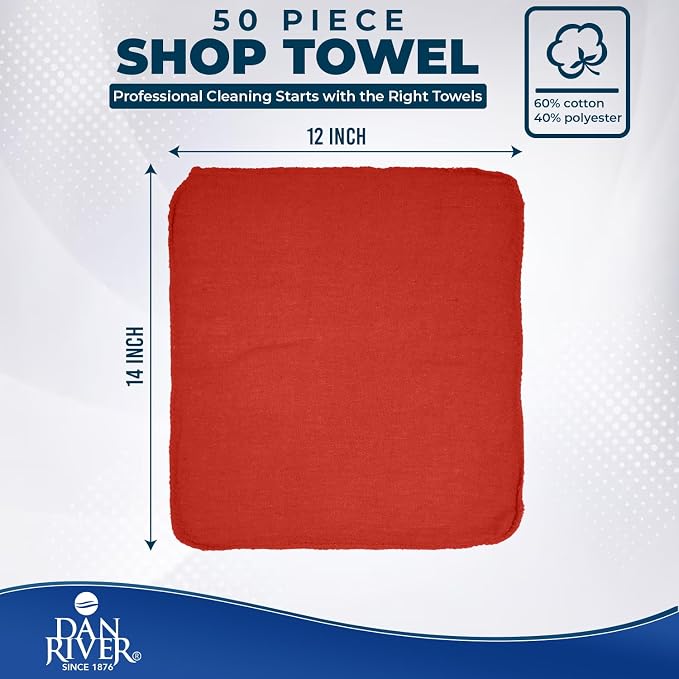 DAN RIVER Shop Towels 12x14 inc 50 Pack Red Terry Cloth Rags | Washcloths for Cleaning Cars & Household Surfaces Well Absorbent, Reusable Cleaning Rags Washable 60% Cotton 40% Polyester