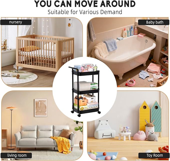Volnamal Diaper Caddy, 3 Tier Rolling Cart for Baby Essentials, Black | Movable & Easy Assemble Cart for Newborn Nursery Essentials, Diaper Storage Organizer for Changing Table&Crib, Baby Registry