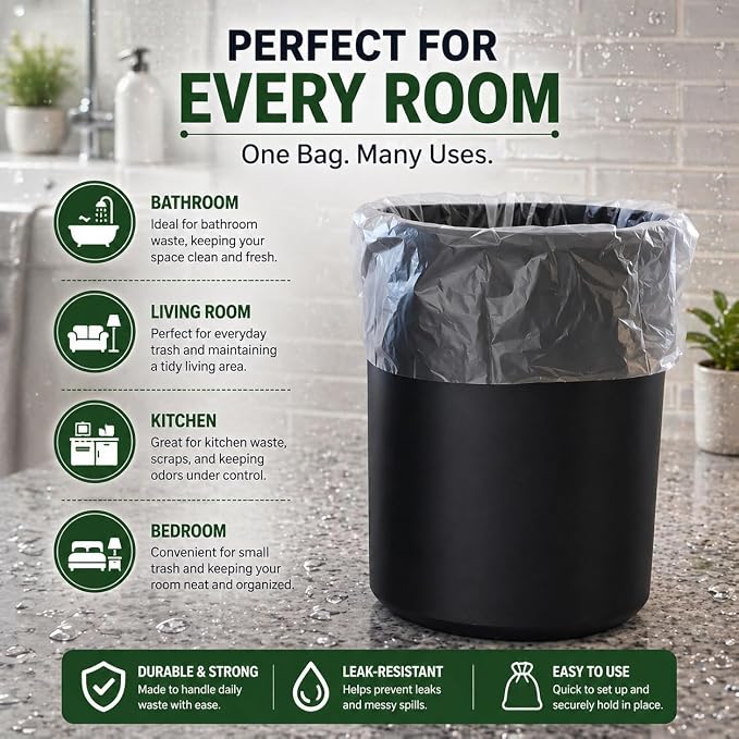 Small Trash Bags 3 Gallon Garbage Bags (440 Count) Bathroom Clear Plastic Wastebasket Can Liners Fits 2 Gallon 4 Gallon for Home and Office Bins (440 Bags)