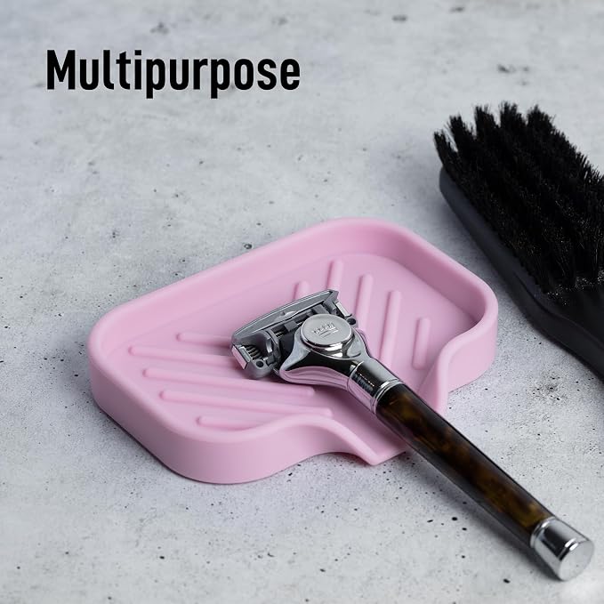 Zulay Kitchen Small Silicone Sponge Holder (4.9x3.3”) – Space-Saving Sink Organizer Tray for Sponge, Soap, Brush & More – Compact Non-Slip Dish for Kitchen & Bathroom (Pink)
