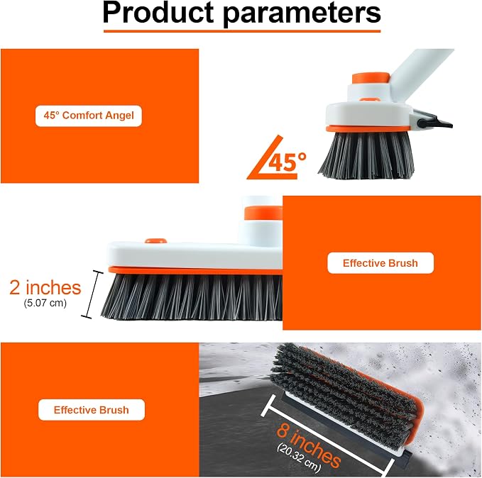 Floor Scrub Brush with Long Handle, 3-in-1 Rotating Scrubber with Squeegee | 60" Telescopic Floor Scrubber with 2 Detachable Heads for Cleaning Shower Bathroom Kitchen Deck Bathtub Tile Patio Garage