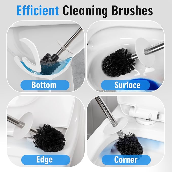 Matt White Ceramic Toilet Brush and Holder Set | Freestanding Toilet Bowl Cleaners Brush, Scrubber Brush for Toilet, Bathroom Accessories with Stainless Handle, Deep Cleaning