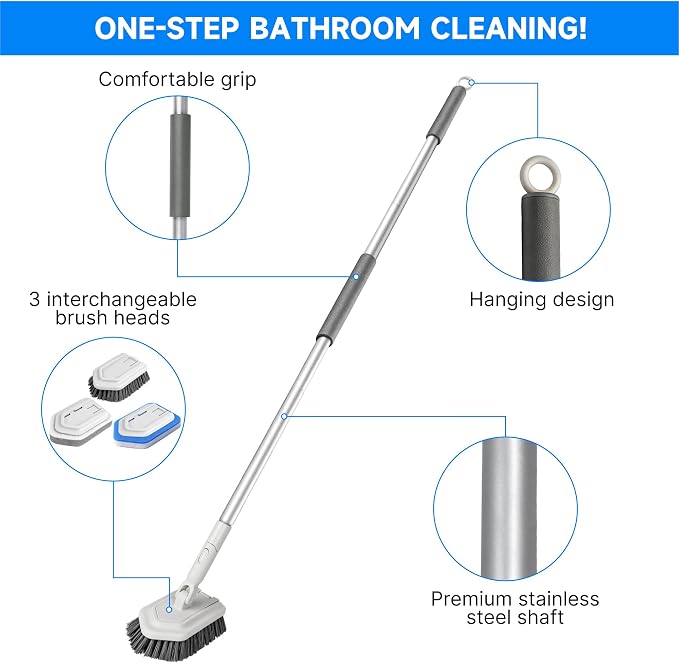 Tile Tub Scrubber Brush with Different Function Cleaning Heads | No Scratch Shower Scrubber for Bathroom Toilet Wall,Bathtub,Sink, and 10 Pack Magic Sponges Eraser