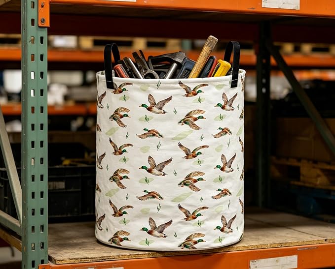Collapsible Round Storage Basket,Waterproof Soft-Sided Organizer,Gift Baskets(Flying Mallard)