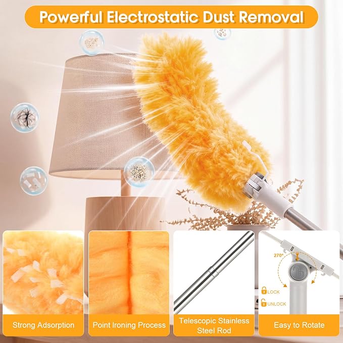 40 Pcs Heavy Duty Duster Refills with 6 ft Extendable Handle and 1 Pair of Gloves, Compatible with Swiffer 360° Disposable Microfiber Feather Dusters Kit for Cleaning Home(Orange)