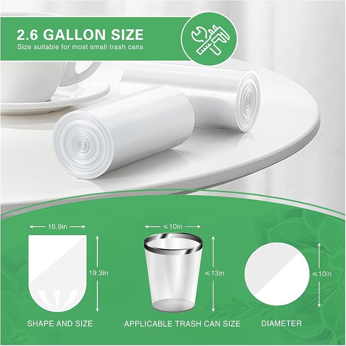 108 Count Small Trash Bags, 2.6 Gallon Mini Garbage Can Liners Unscented Wastebasket Clear Trash Bags for Bathroom, Kitchen, Bedroom