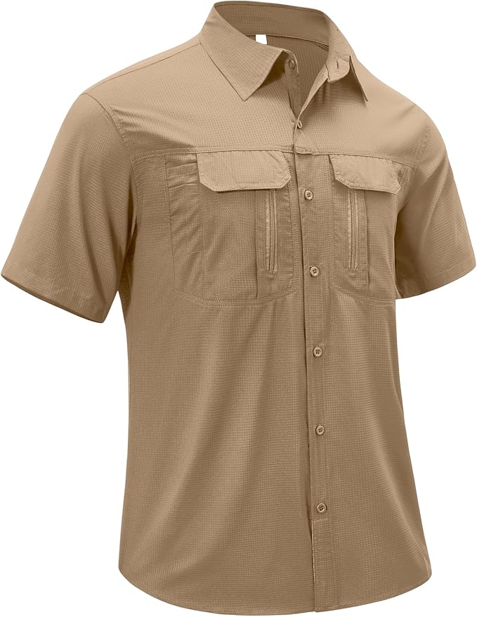 Mens Short Sleeve Fishing Shirt Sun Protection Quick Dry Lightweight | Breathable Fabric, Multi Pockets, for Fishing Safari Hiking Hunting Camping Outdoor Work Casual Wear