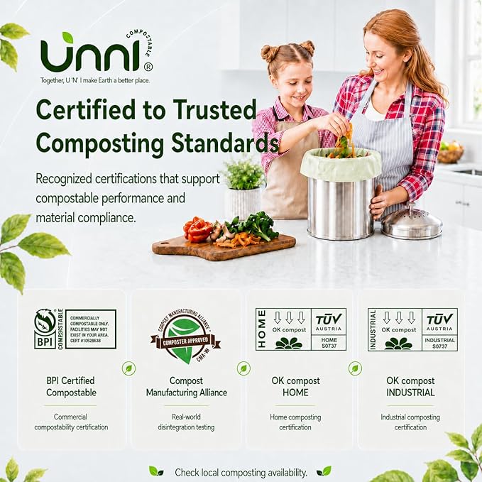 UNNI 13 Gallon Compostable Bags with Easy-Tie Handles, 49.2 Liter, 60 Count | Tall Kitchen Compost Bags with a Wide Opening for Pull-Out Bins, 2 Packs of 30, Certified by BPI, CMA & OK compost HOME