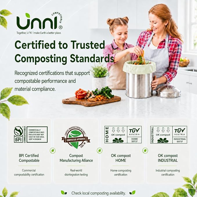 UNNI 2.6 Gallon Compostable Bags with Easy-Tie Handles, 10 Liter, 200 Count | Small Compost Bags for Countertop Bins & Kitchen Food Scraps, 2 Packs of 100, Certified by BPI, CMA & OK compost HOME
