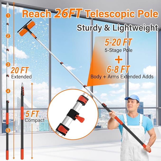 26FT High Reach Duster Cleaning Kit with 5-20 FT Extension Pole | High Ceiling Dust and Window Clean Kit with Microfiber Feather Duster,Cobweb Duster,Ceiling Fan Duster,Window Squeegee Clean