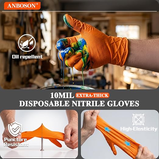10 Mil Heavy Duty Mechanic Nitrile Gloves, XLarge Orange 100 Count | Diamond Grip,Latex Free,Chemical Resistant Disposable Thick Rubber Gloves for Auto Repair, Industrial, Food, Work ,BBQ,Men