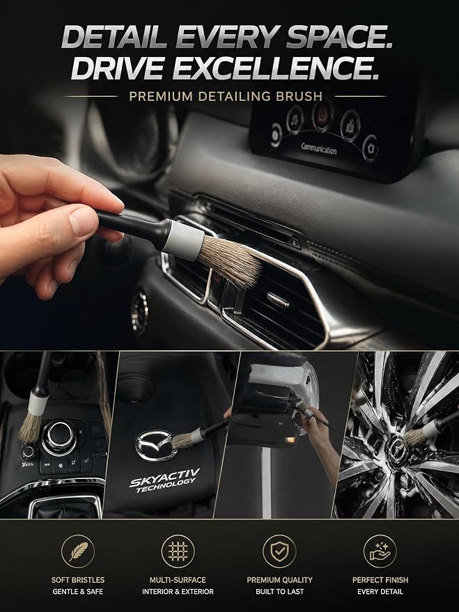 TAKAVU Car Detailing Brush Kit, 10 Piece Boar Hair for Interior | Detail Brushes, Wire Brush & Microfiber Towel for Engine Bay & Auto Interior Cleaning, Vents, Emblems & Trim