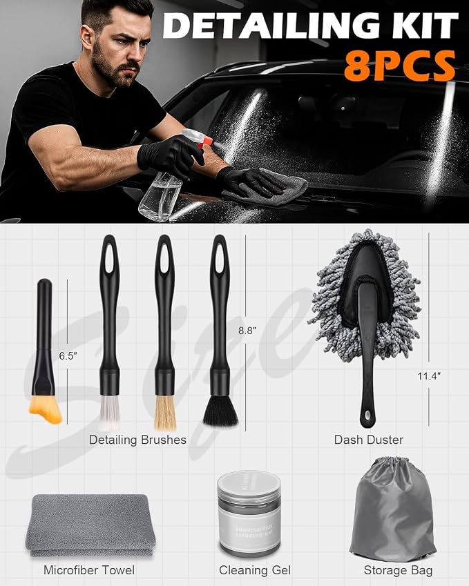8PCS Car Detailing Brush Set, Interior Car Cleaning Kit with Dash Duster | 4 Detailing Brushes (Soft to Hard), Microfiber Towel, Cleaning Gel, for Vents, Dashboard & Leather Seats