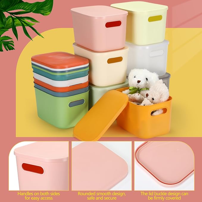 Thyle 12 Pack Classic Color Storage Bins with Lids for Classroom | Stackable with Handles and Labels, Organizer for Toy Craft Classroom Storage, Shelf Bedroom Organizing, 10x7x6 Inch
