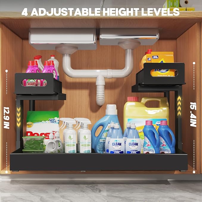 1 Pack Expandable Under Sink Organizers And Storage With Upgrade Ball-Bearing Slide Tracks,2-Tier Pull Out Under Cabinet Organizer Height Adjustable,Slide Out Under Sink Drawers-Black(Patent Pending)