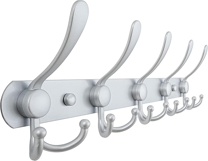 Dseap Coat Rack Wall Mounted - 5 Tri Hooks, Heavy Duty, Stainless Steel, Metal Coat Hook Rail for Coat Hat Towel Purse Robes Mudroom Bathroom Entryway, Silver