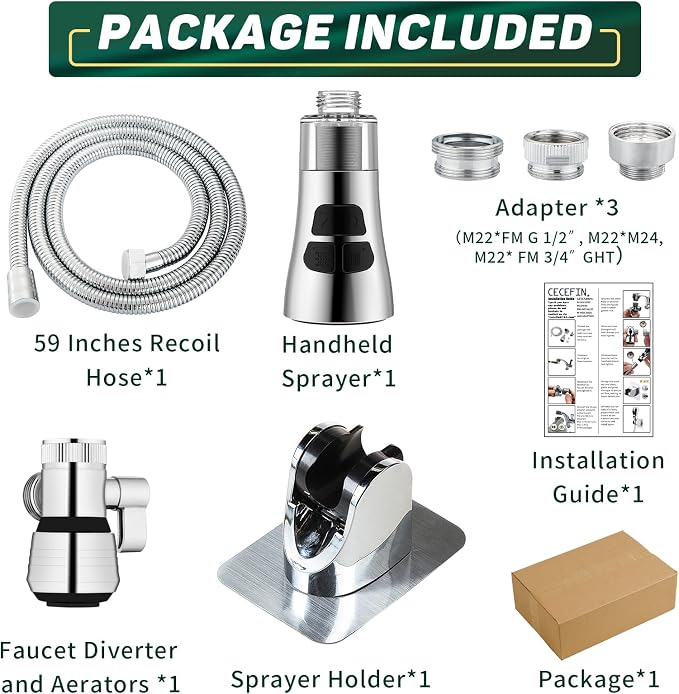 CECEFIN Kitchen Faucet Hose Attachment, 4-Mode ON/Off Spray Head w/Filter | 4.9Ft Stainless Steel Hose, Water Saving Aerator w/ 3-Way Diverter Valve, for Laundry/Bathroom Sink Hair Washing Pet Shower