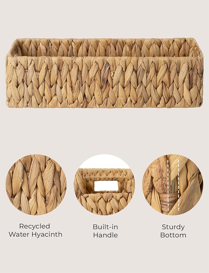 StorageWorks Toilet Paper Basket, Small Bathroom Basket Organizer | Water Hyacinth Wicker Baskets for Storage Hand Towels with Built-in Handles, Back of Toilet Basket for Bathroom Decor
